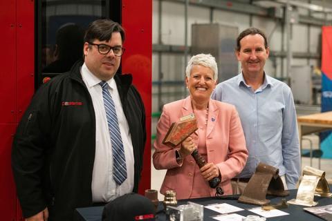 MARIAN MCCORD, SENIOR VICE PROVOST FOR RESEARCH, ECONOMIC ENGAGEMENT AND OUTREACH AT UNH WITH BYRON KENNEDY, CEO OF SPEE3D, AND STEVEN CAMILLERI, CTO OF SPEE3D, AT THE JUNE 17 RIBBON CUTTING.